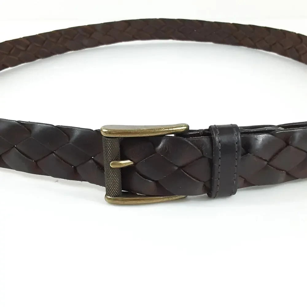 Vintage 90s Braided Leather Belt Brown Brass Buckle Full Grain Mens XL Luxury